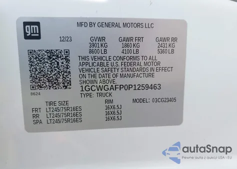 2023 Chevrolet Express Cargo Rwd 2500 Regular Wheelbase Wt z USA, uszkodzony, nr VIN 1GCWGAFP0P1259463